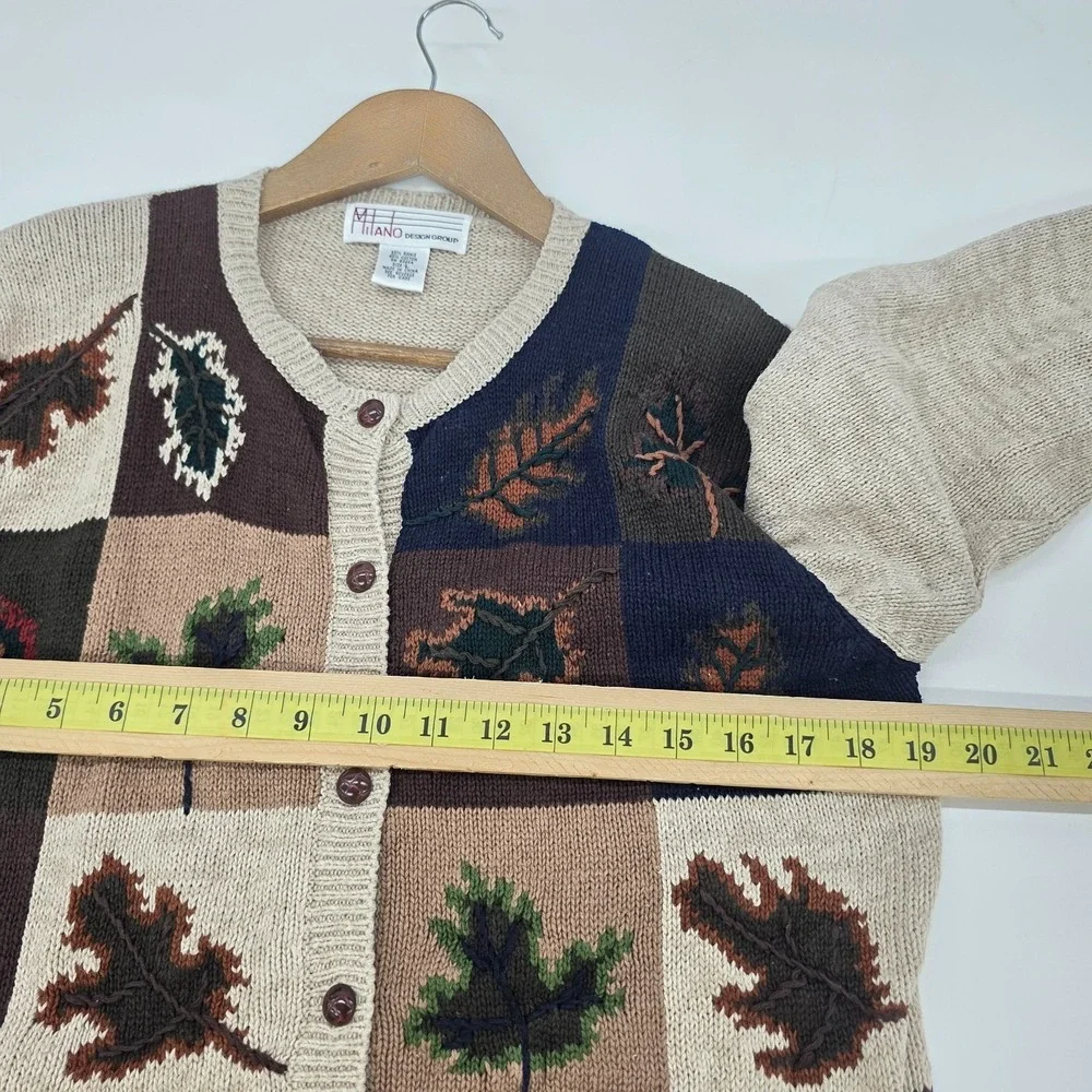 Vintage Milano Womens L Fall‎ Leaf Patchwork Cardigan Sweater Rustic Earthy Knit